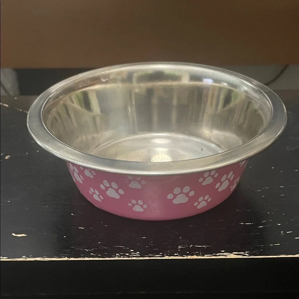 Pink Paw Print Stainless Steel Pet Bowl Dimensions 7x7x2